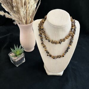 Necklace Polished Golden Brown Tiger Eye Stones Gold Clasp Vintage 30”